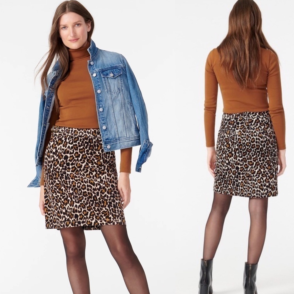 New J. Crew Buckle Mini Skirt in Leopard Corduroy